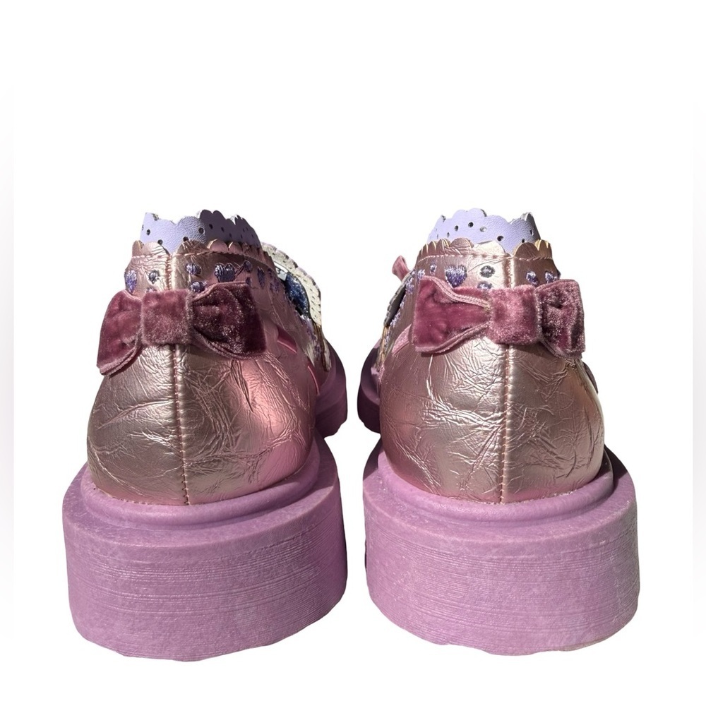 Irregular Choice Pink Metallic Bow Loafers Lavender Scallop Trim US 12 NWOT - Picture 7 of 14